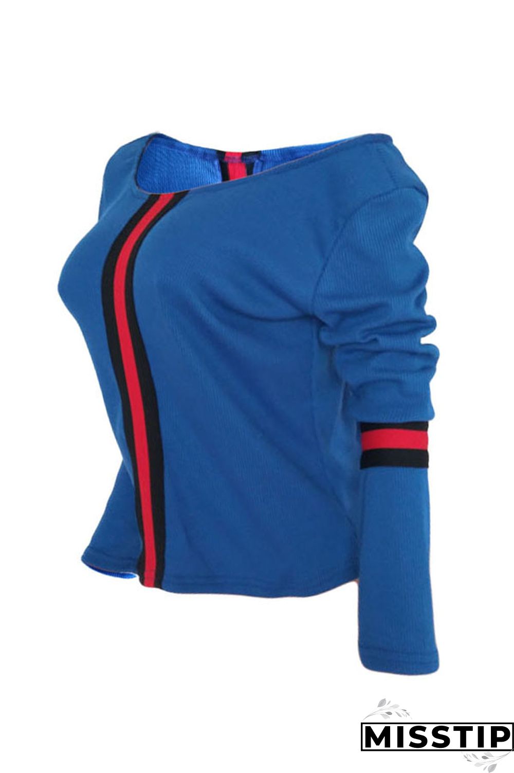 Blue One word collar Long Sleeve Patchwork Ribbon Solid