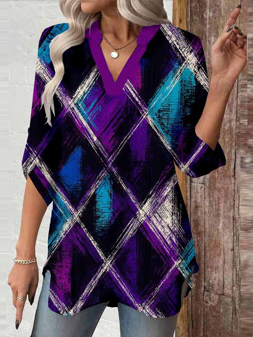 Women Checkered, Purple, Blue DZGA0343 3/4 Sleeve V-neck Printed Graphic Button Tops