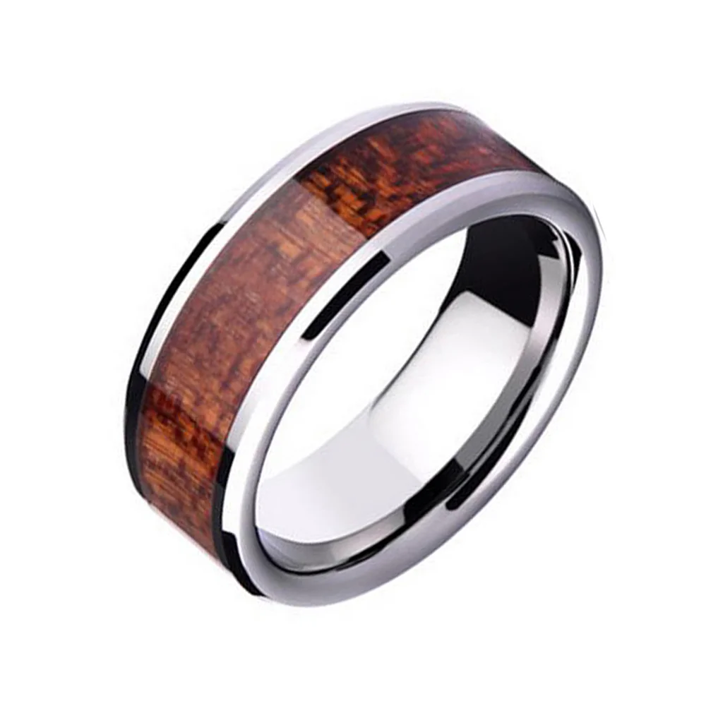 6MM 8MM Flat Tungsten Wedding Rings Wood Inlay High Polished Comfort Fit For Men