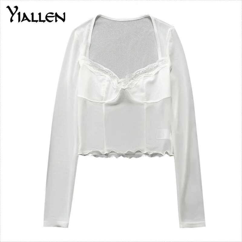 Yiallen Vintage Y2K Lace Crop Top Long Sleeve See Through Sexy Mesh Woman T-shirts V Neck Splicing Sexy Slim Tops Party Dress