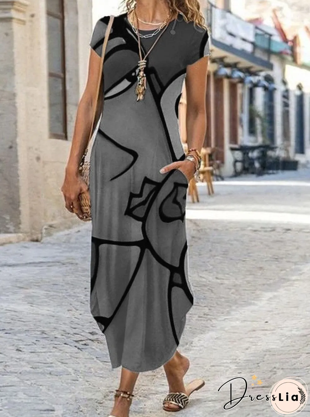 Casual Art Print Short Sleeve Maxi Dress