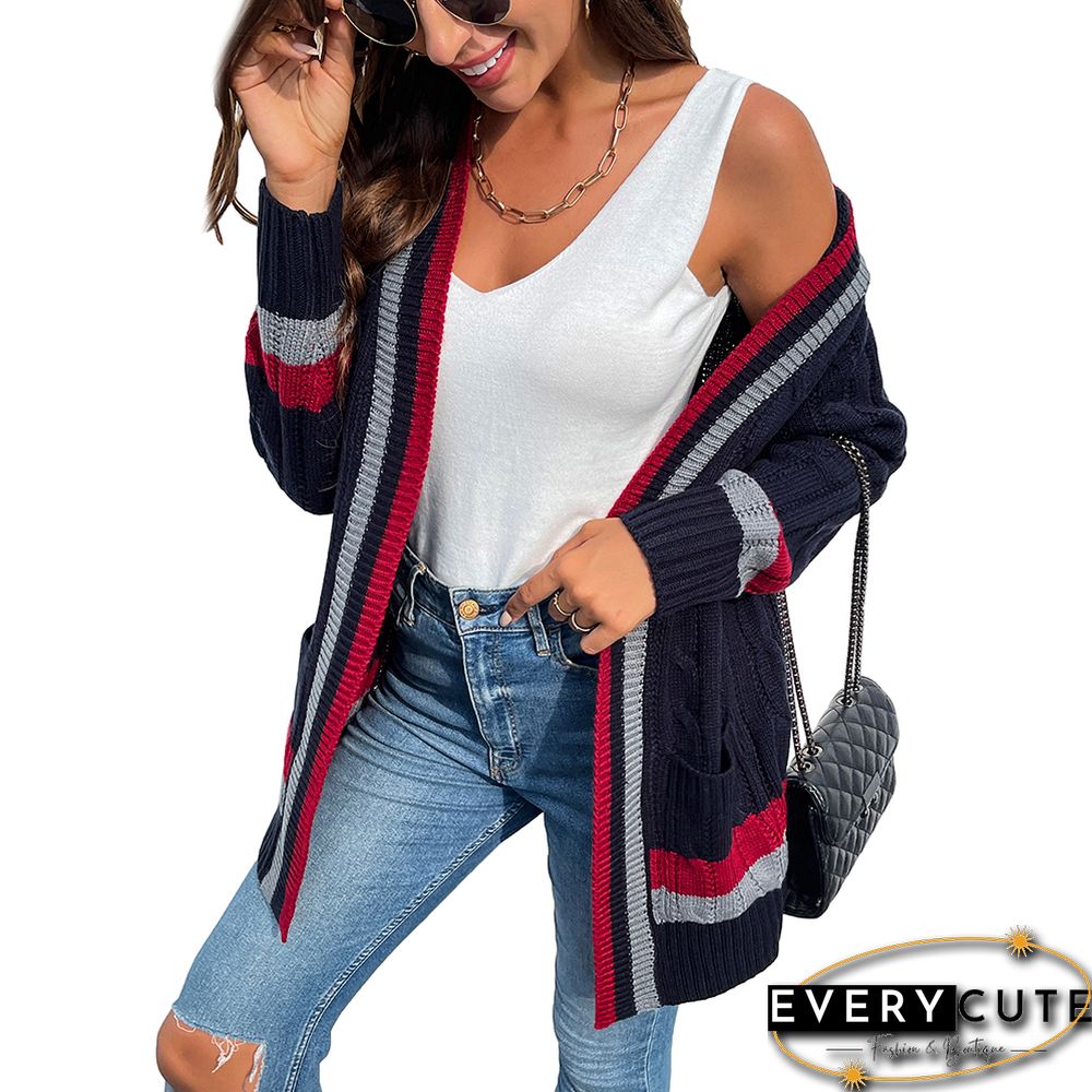 Navy Blue Striped Print Open Front Pocket Cardigan