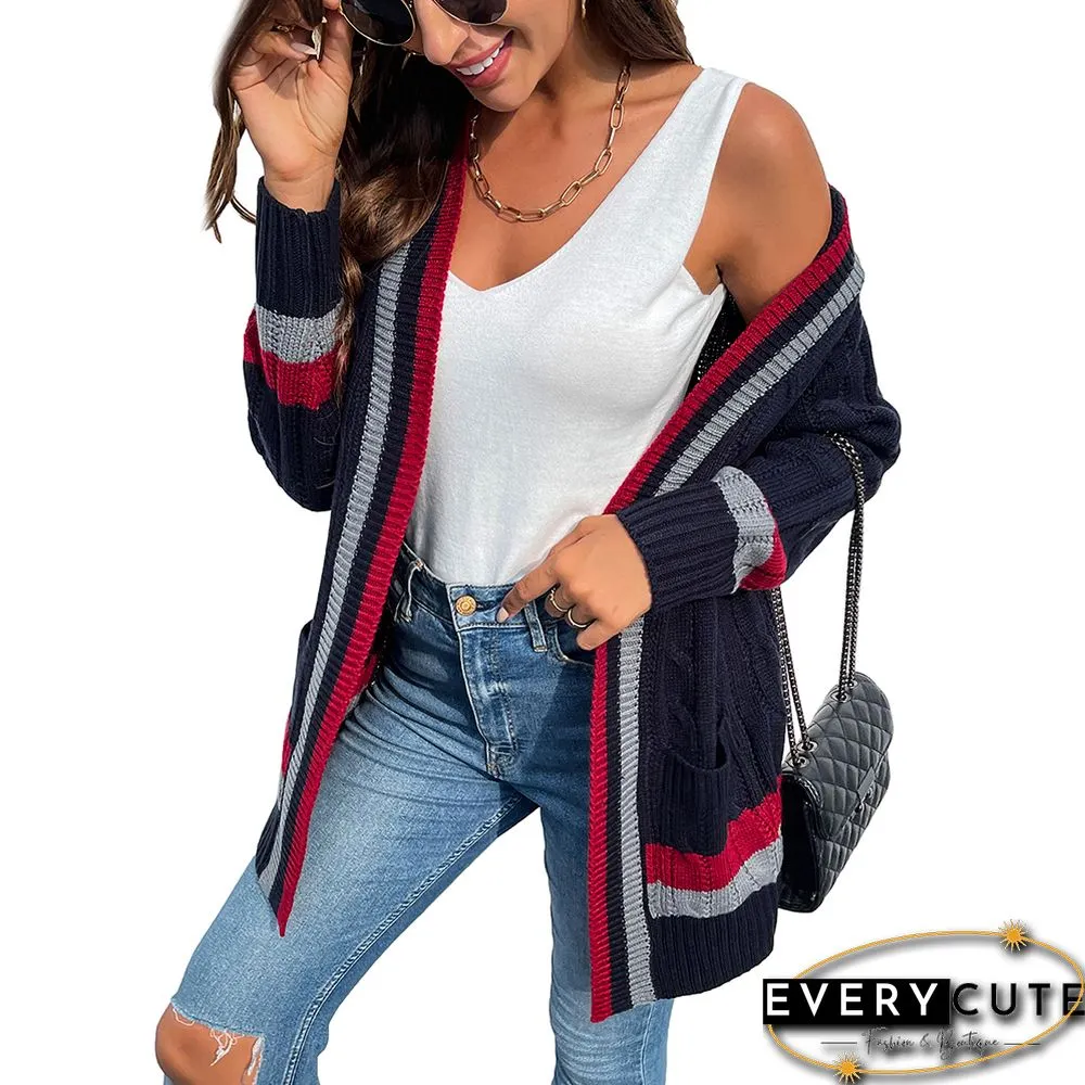 Navy Blue Striped Print Open Front Pocket Cardigan