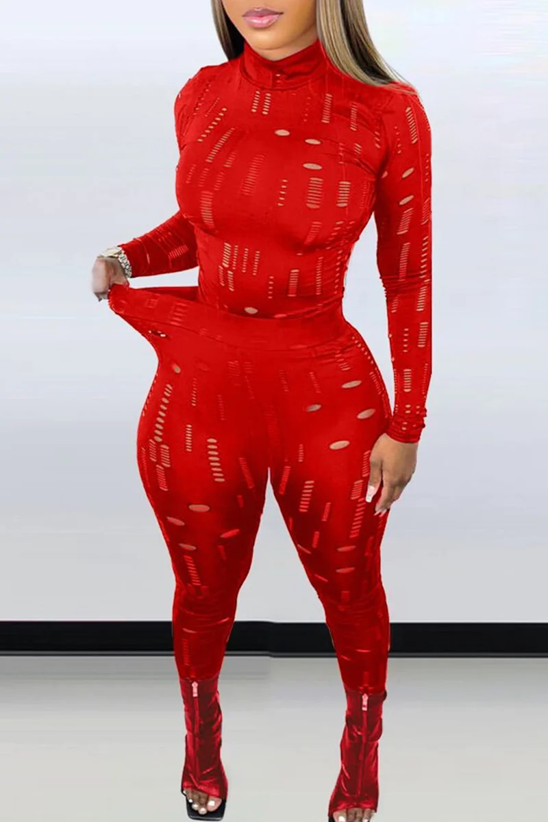 Red Fashion Sexy Solid Ripped See-through Turtleneck Long Sleeve Two Pieces | EGEMISS