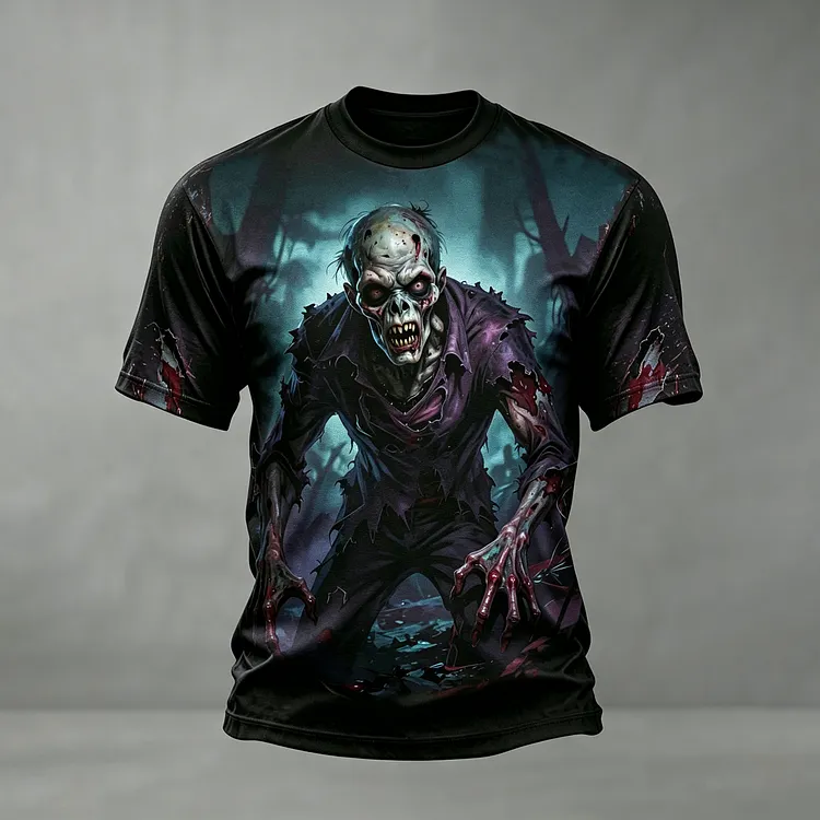Halloween Retro Casual Zombie Skull Print Dark Crew Neck Short Sleeve T-shirt