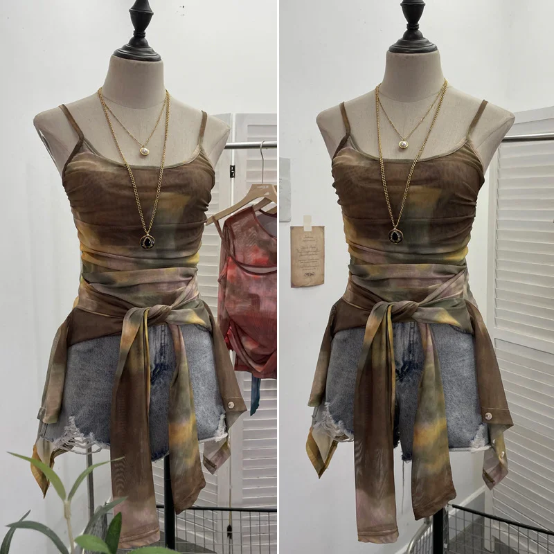 Nigikala Nigikala Babes Tie-Dye Net Yarn Sunscreen Cardigan Two Sets Of Sling Vest + Long-Sleeved Shirt Top 8056