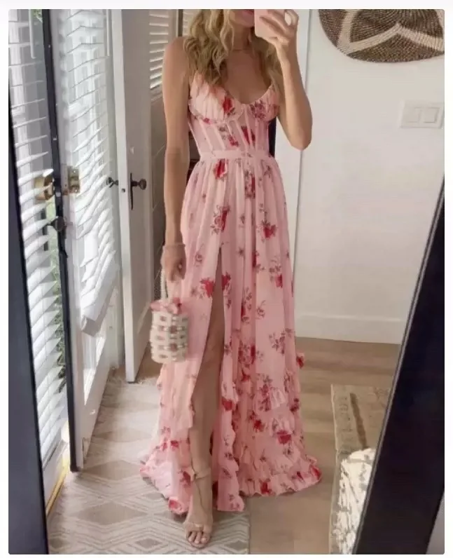 Women's Strapless Flounce Print Dress – Sexy Off-Shoulder, Waist-Hugging Beach Party Vacation Dress
