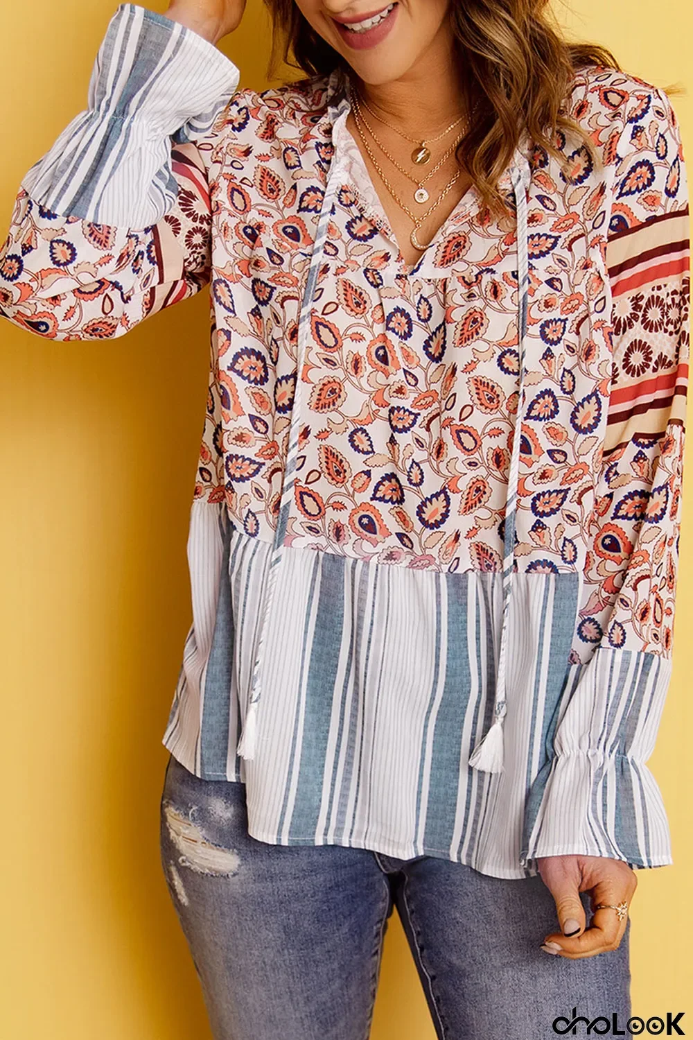 Multicolor Loose Fit Floral Striped Blouse