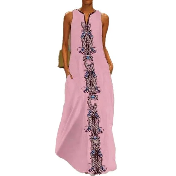 Retro Multicolor Printed Pocket V-neck Sleeveless Dress