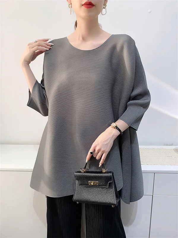 High-Low Loose Pleated Solid Color Split-Side Round-Neck T-Shirts Tops