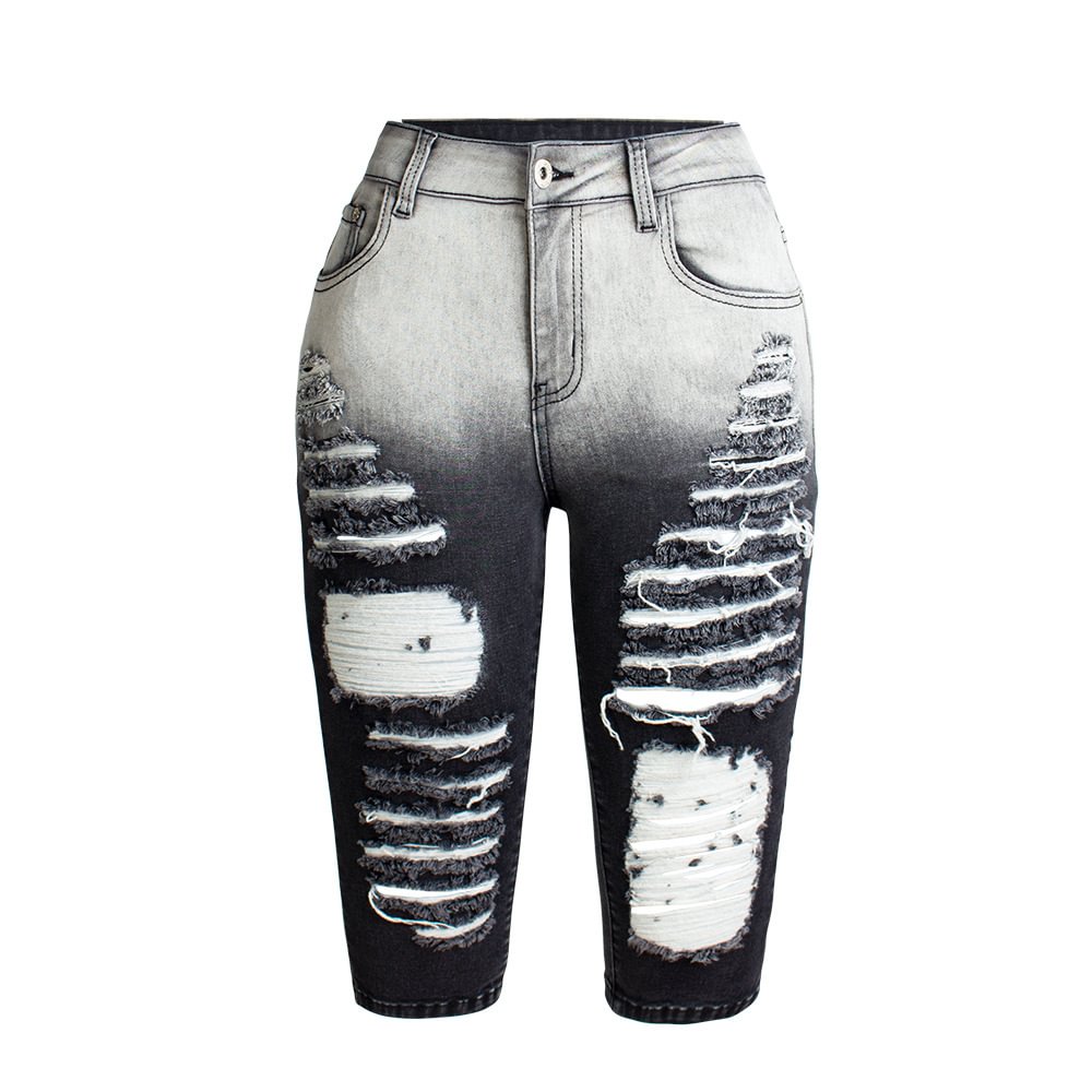 Stretch Ripped Straight Cropped Pants Black Jeans For Women