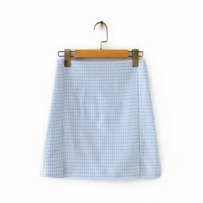 Summer New Fashion Red Blue Slim Small Plaid Bifurcation  MINI Pencil Skirt Girl Female Casual Harajuku Skirts Womens B032