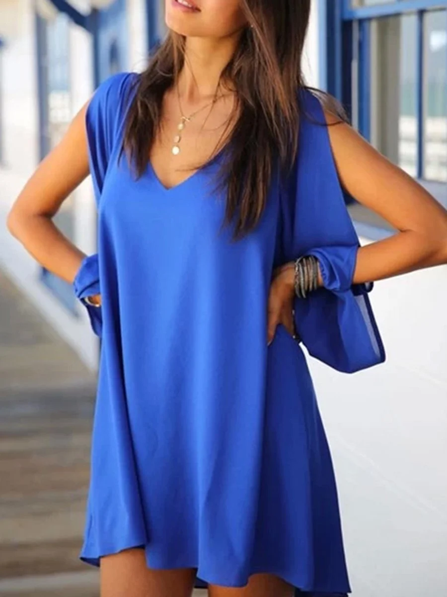 Asymmetric Hem Slit Long Sleeves Solid Color Shift Dresses