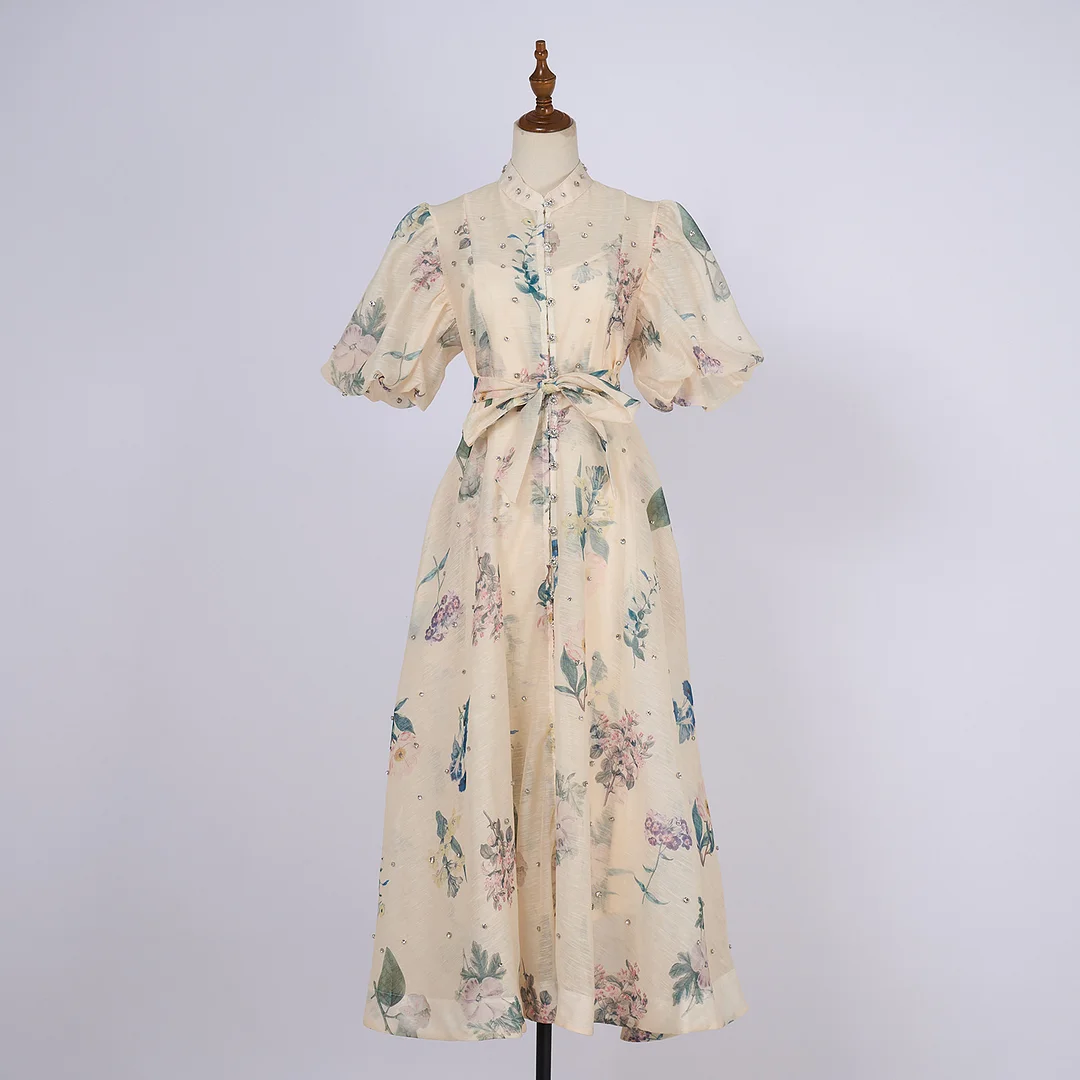 Nigikala Nigikala Court Style High Design Feeling Heavy Industry Nail Drill Short Sleeve Single Buckle Dress + Sling