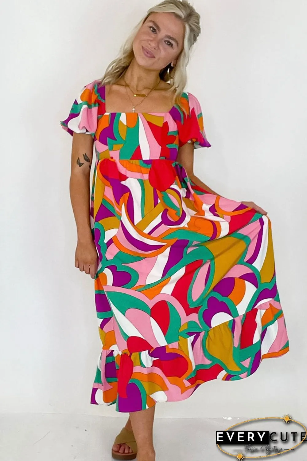 Red Abstract Print Square Neck Flowy Midi Dress