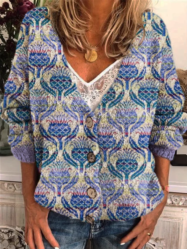Elegant Scottish Thistle Flower Women's Knitted Cardigan