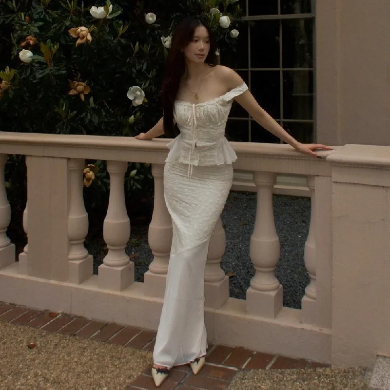 Uveng Uveng Summer New Ins Temperament Square Collar Lace Lace Jacket High Waist Slim Show Thin Fish Tail Dress Suit Female