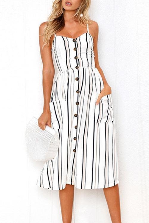 Casual V-neck Striped Button White Dress - Shop Trendy Women's Clothing | LoverChic