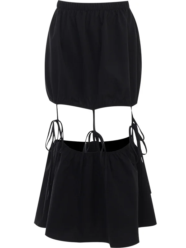 Gothic Dark Cutout Solid Pattern Paneled Bandaged Skirt