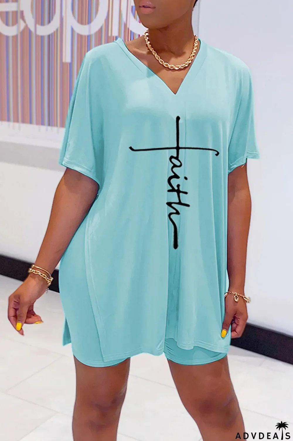 Tangerine Red Casual Print Split Joint V Neck Short Sleeve Two Pieces