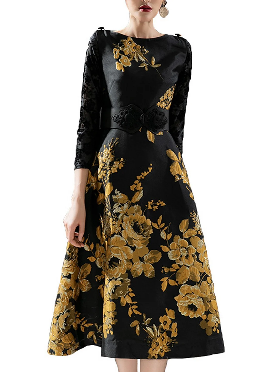 A-Line Cocktail Prom Party Elegant Floral-Print Midi Dress