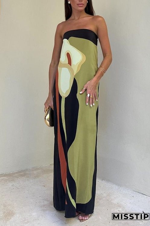 Strapless Color Block Printed Maxi Party Dress