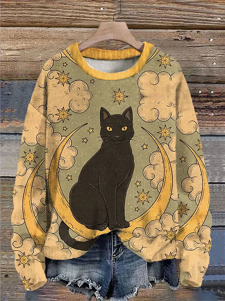 Women's Black Cat Star Moon Mystical Astrology Tarot Card Art Print Casual Sweatshirt