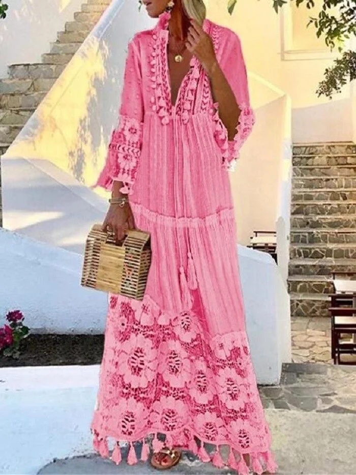 Tassel Sexy Boho Long Dress Women 2019 Fall Solid Hollow Out V-Neck Lace sexy Dresses bohemian style Plus Size Dress vestidos