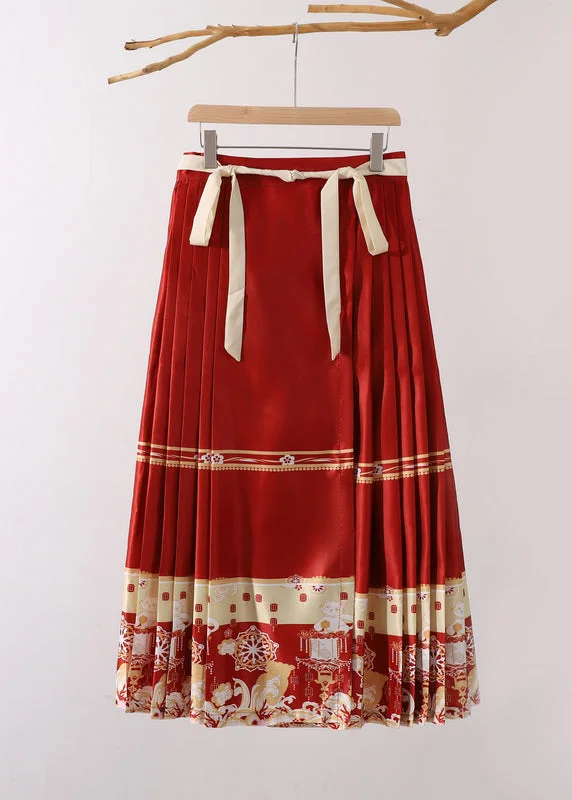 New Red Wrinkled Lace Up Print Cotton Skirts Fall