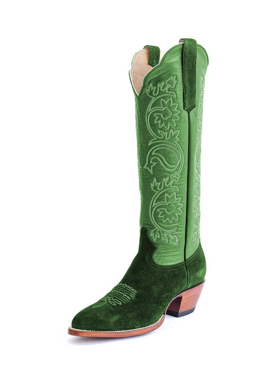 Vegan Suede Almond Toe Wide Calf Knee-High Cowgirl Boots in Green