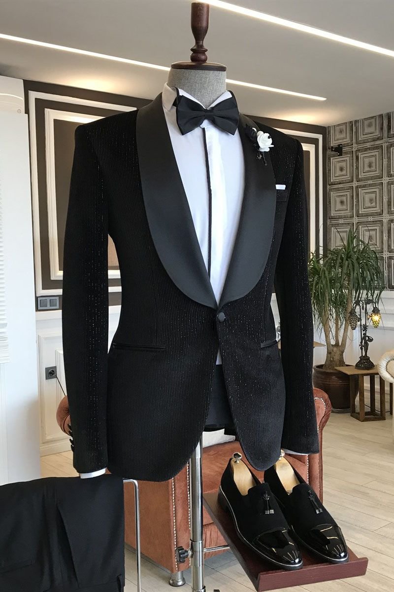 Slim Fit Black Shawl Lapel Elegant With One Button Wedding Suits | Ballbellas Ballbellas