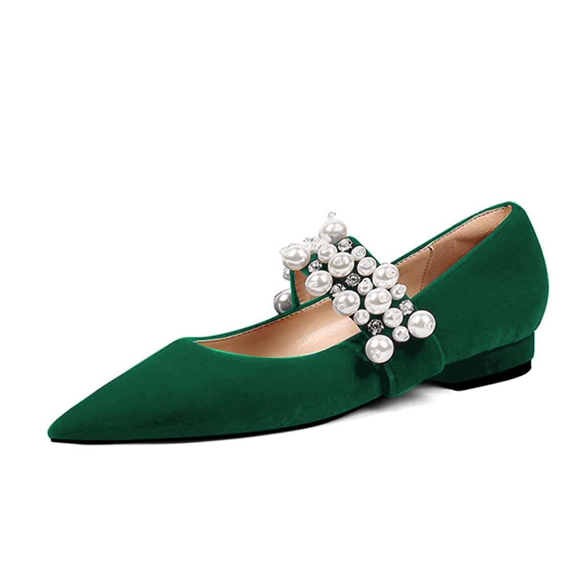 Green Vegan Suede Closed Toe Flat Rhinestone Pumps Nicepairs