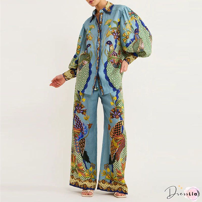 Fashion Tie-dye Print Loose Two Piece Suits Elegant Lapel Botton Shirt And Straight Pants Sets Women Casual Long Sleeve Outfits