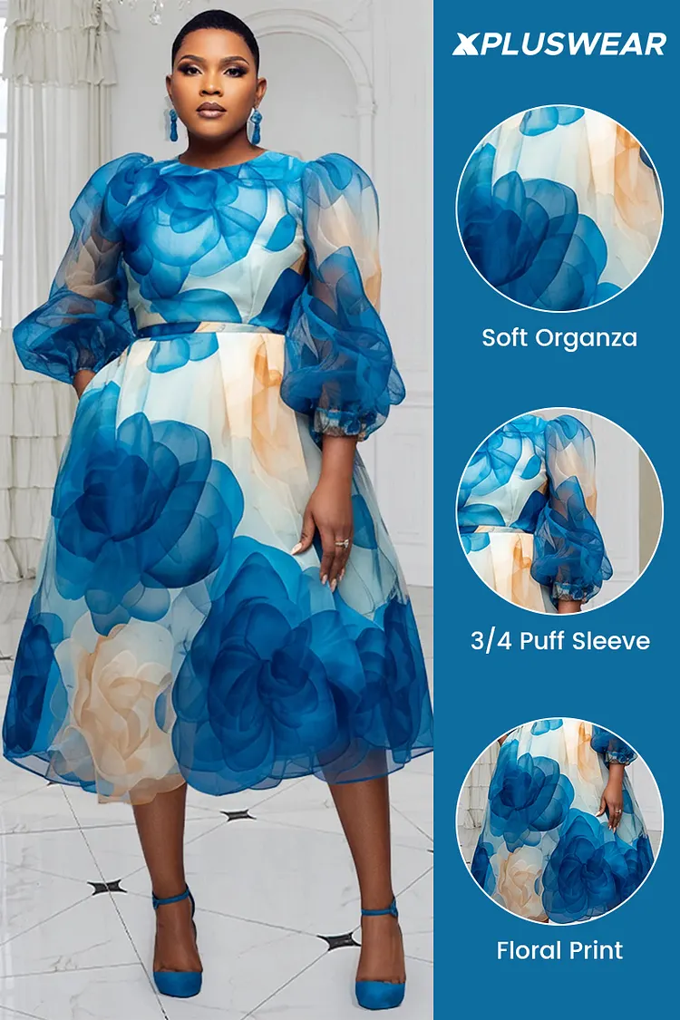 Xpluswear Design Plus Size Cocktail Party Light Blue Round Neck Puff Sleeve  3/4 Sleeve Pocket Organza Midi Dresses - Xpluswear.com