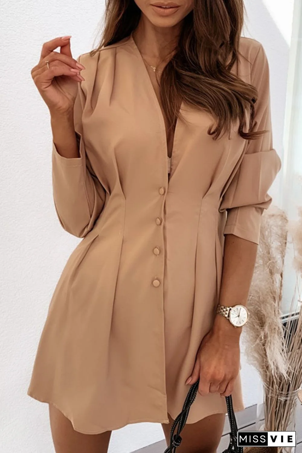 Casual Solid Patchwork V Neck Shirt Dress Dresses(4 Colors)