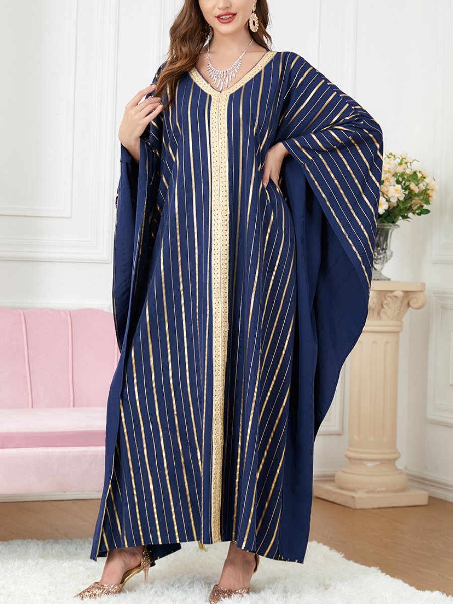Bat Sleeves Blue & Gold Stripe Print V Neck Elegant Long Dress | Oxredo Shop Ramadan Sale