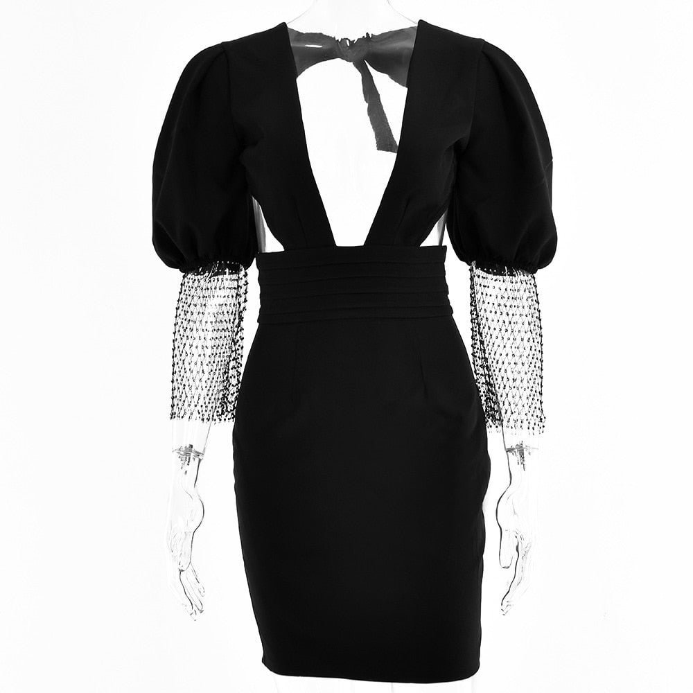Articat Sexy Puff Crystal Diamond Sleeve Bodycon Dress Women Elegant Backless Mini Dress High Street Black Deep V-neck Vestidos