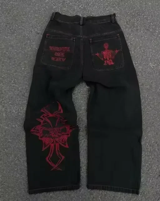 Aonga American Y2K New Loose Jeans Men and Women Harajuku Retro Pocket Embroidered Button Blue Jeans Fashionable Slim High Waist Jeans aonga