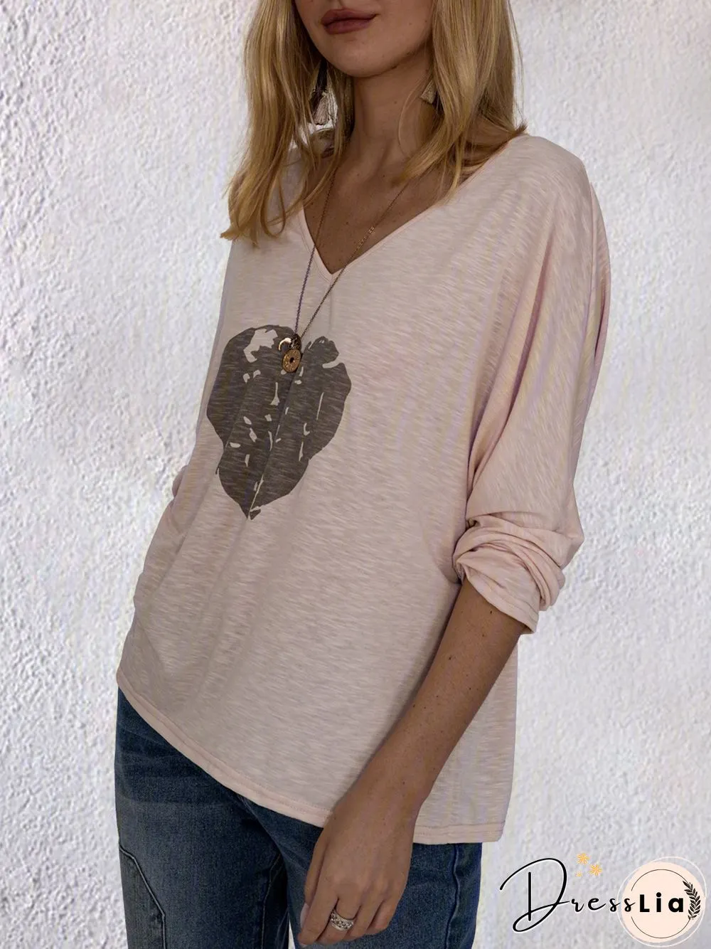 Long Sleeve Round Neck Cotton-Blend Printed Tops