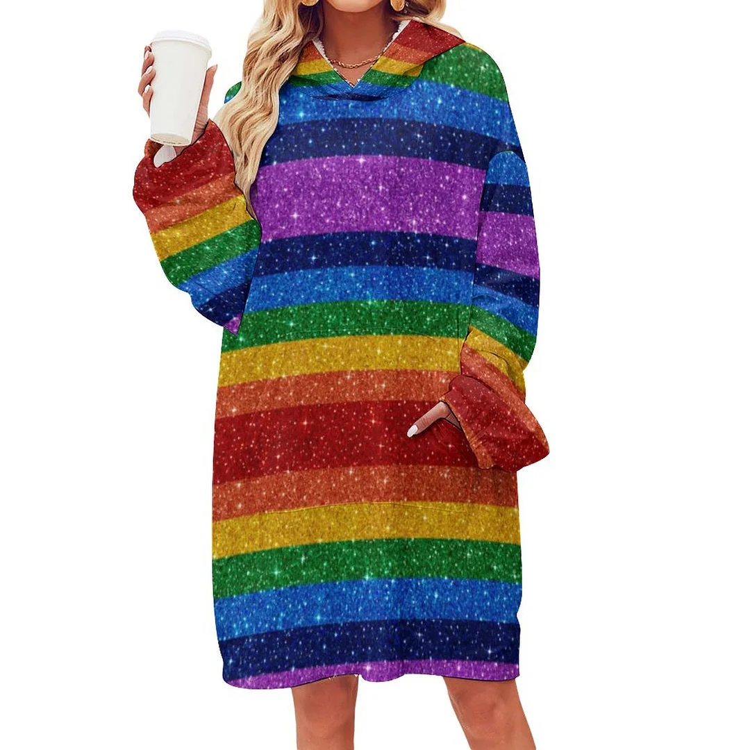 Bling Me Up Rainbow 5 Pop Fashion Oversized Sherpa Fleece Sweatshirt Blanket Hoodie Warm Cozy Wearable Tops with Pocket