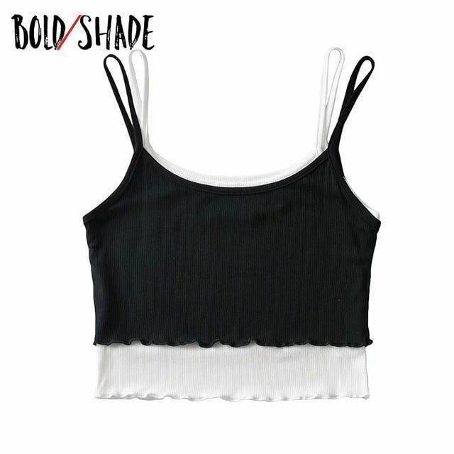 Bold Shade Streetwear 90s Fashion Strap Camis Women Patchwork Y2K Indie Aesthetic Vintage Tank Tops Skinny Ribbed Crop Top