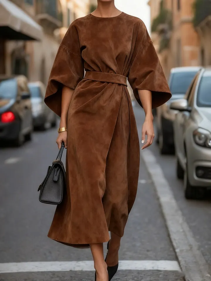Vintage Brown Suede Waist Tie Bat Sleeve Maxi Dress