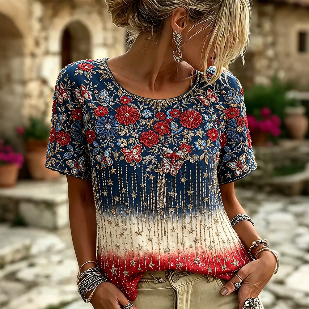  Women's Vintage Independence Day Flower Embroidery Art Print Crew Neck Short Sleeve T-shirt Westsshops
