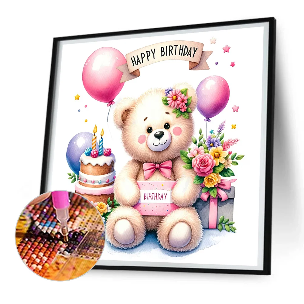 Diamond Painting - Full Round Drill - Birthday Bear(Canvas|30*30cm)