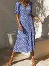 V-Neck Floral Print Short Sleeve Split-Side Midi Dress