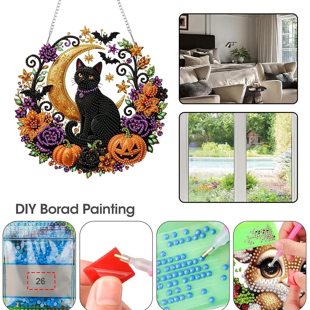 Halloween Black Cat Moon 2D Flat DIY Diamond Painting Charms for Wall Decor