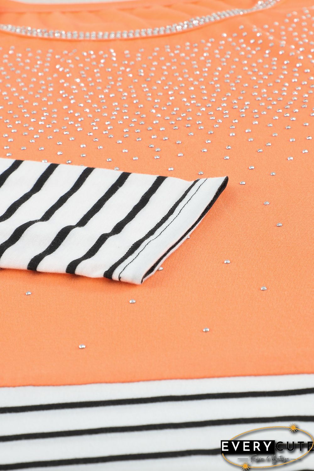 Orange Rhinestone Beading Striped Patchwork Long Sleeve Top
