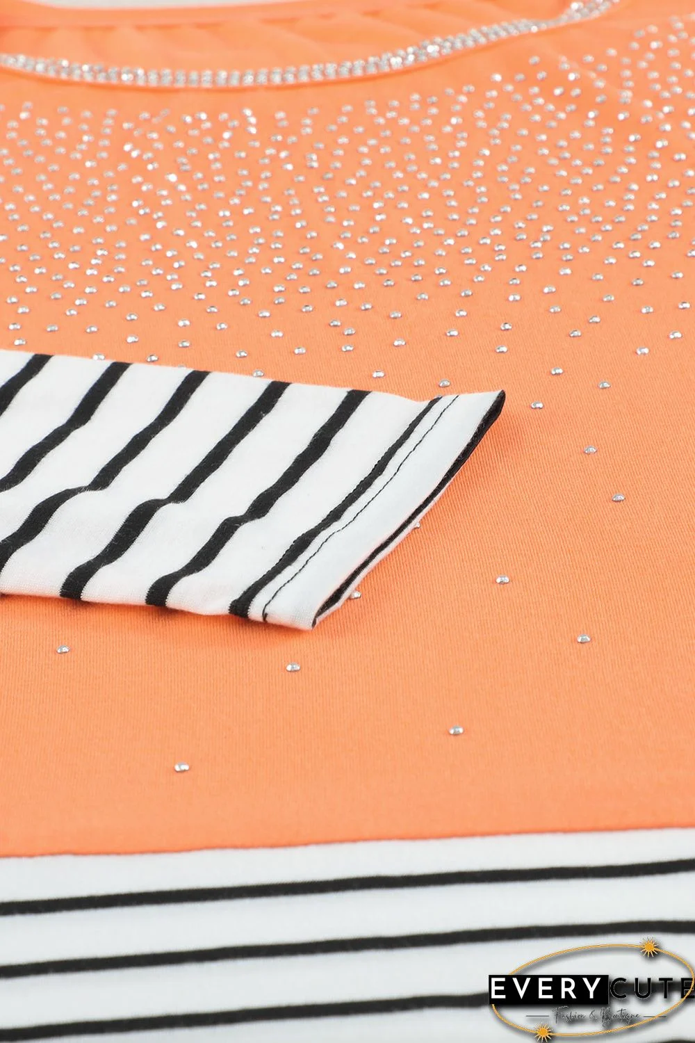 Orange Rhinestone Beading Striped Patchwork Long Sleeve Top