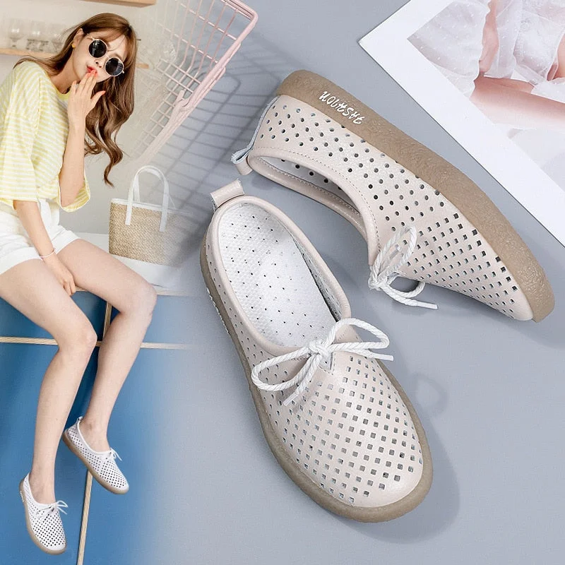 GKTINOO New Breathable Genuine Leather Summer Shoes Woman Flats Hollow Comfortable Ladies White Loafers Soft Casual Shoes