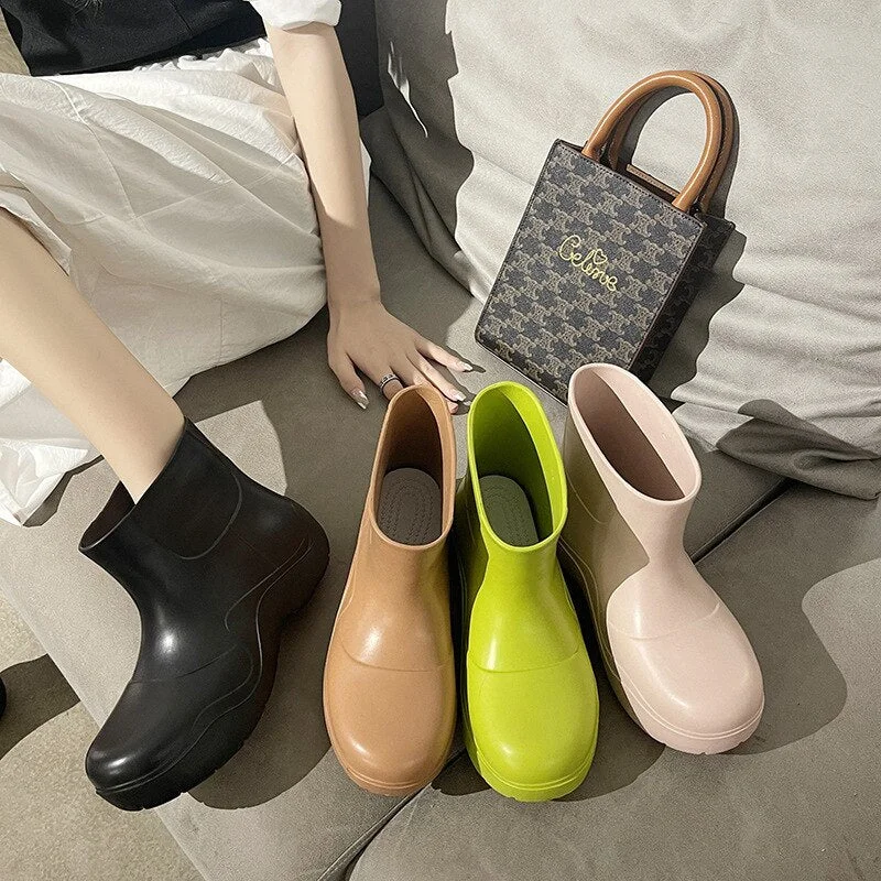 Street Trend  Women Boots Solid Color Waterproof Rain Boots Slip-on Head Short Boots Avocado Ankle Boots PU Women Platform Shoes